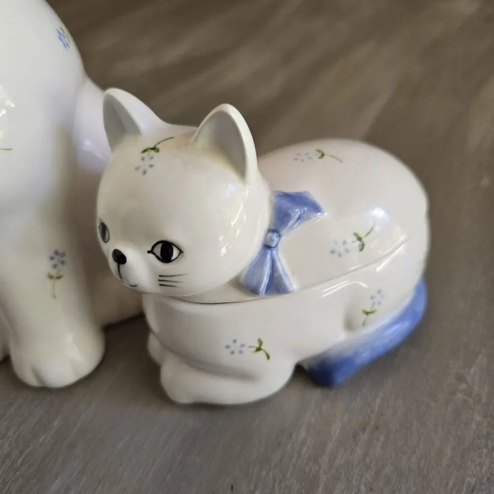 Vintage Otagiri Cat Ceramic Teapot Creamer Sugar Bowl Set - White & Blue Floral
